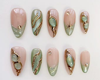 Uñas postizas Aura Green Cat Eye, estrella dorada cromada 3D