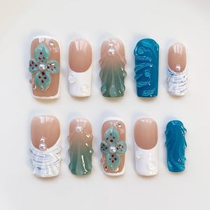 Holiday 3D Floral Blue Press on nails Square nails/Summer nails/Holiday nails/Shell nails/ nails/Blue nails/Summer Nails/White French Nails
