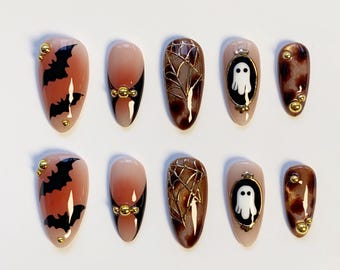 Uñas de Halloween/Uñas de carey/Uñas ojo de gato marrón ámbar/Uñas de murciélago/Uñas de telaraña/Uñas góticas/Uñas postizas largas de Halloween