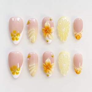 Summer Yellow Press On Nails Short Almond Nails/3D Flower Nails/3D Lemon Nails/Elegant Floral Nails/Vacation Holiday Nails/Yellow Nails