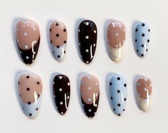 Baby Blue polka dots nails/Cute press on nails long almond nails/Daily Nails/Cute Nails/Kawaii Nails/Birthday Nails/Fall Nails/Custom Nails