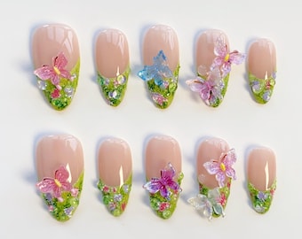 Summer Holiday Butterfly Nails/Green Nails/Flower Nails/Fairy Nails/Oil Painting Nails/Custom Nails/Elegant Birthday Nails/Dreamy Nails