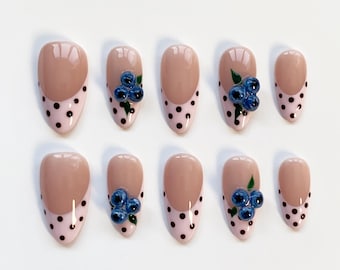 Pink Polka Dots nails/Blueberry Press On Nails Long Almond Nails/Pink Nails/Fall Nails/Cute Nails/Holiday Nails/blueberry nails/Kawaii nails