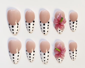 Fall Cute White Polka Dots Nails/Pink Flower Nails/Polka Dots Press on nails long almond nails/Cute Nails/kawaii nails/Birthday Nails
