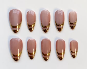 Rosa Cat Eye-pressnaglar, korta långa mandelnaglar/Rosa naglar/Guldfärgade French Tip-naglar/Guldfärgade kromnaglar/Anpassade naglar, födelsedagsglitternaglar