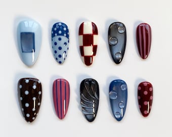 Fall Nails/Blue polka dots nails/Cat Eye Nails/Blue Press on nails long almond nails/Grid Nails/Brown Nails/Blue Nails/Birthday Nails