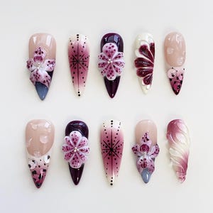 Purple Bloom Flower Press on nails long Stiletto Nails/Purple Nails/3D Floral Nails/3D Nails/Holiday Nails/Birthday Nails/Star Nails
