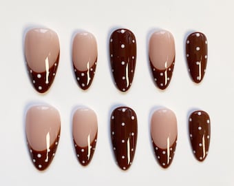 Fall Cute Polka Dot Nails/Brown Press on nails long nails/Kawaii Nails/Fall Nails/Birthday Nails/French Cute Nails/Custom Nails/Daily Nails