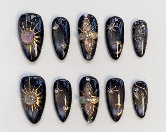 Gothic Nails/Sun Nails/3D Gold Chrome Nails/Glitter Black Cat Eye Nails/Goth Press on nails long almond nails/Star Nails Moon Nails Custom