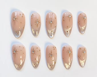 Brokatowe francuskie paznokcie kocie oko/nakładane paznokcie długie paznokcie migdałowe/srebrne paznokcie chromowane/paznokcie w gwiazdki/srebrne paznokcie/eleganckie paznokcie/paznokcie urodzinowe