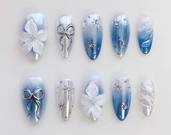Floral Bow Press On Nails, Silver Chrome Blue Almond Nail Set
