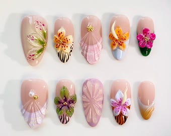 Uñas postizas con flores 3D, puntas francesas con estampado de cebra, uñas de gel elegantes