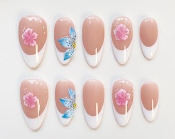 White French Almond Press On Nails with 3D Flower