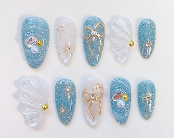 Bling Blue Press on nails short almond nails long/3D Shell nails/Bow Nails/Blue Nails/Pearl White Nails/Kawaii Nails/Holiday nails