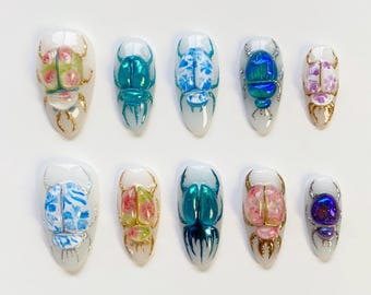 Uñas 3D de mariquitas con flores/Uñas de escarabajos/Uñas postizas largas almendradas/Uñas 3D de insectos/Uñas personalizadas/Uñas elegantes/Uñas de cumpleaños