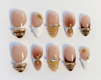 Brown bangle nails/press on nails long almond nails/Elegant Nails/3D Gold Chrome Nails/Daily white French nails/3D Gel nails/Birthday nails
