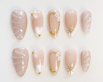 Glitter Bloom Floral White Press on nails long almond nails/3D Gold Chrome Nails/Star Nails/Flower Nails/Birthday nails/Wedding nails