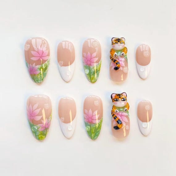 3D Tiger Nails/Cute press on nails long almond nails/Kawaii Summer Nails/Lotus Nails/Water lily nails/3D Gel nails/Green nails/Holiday nails
