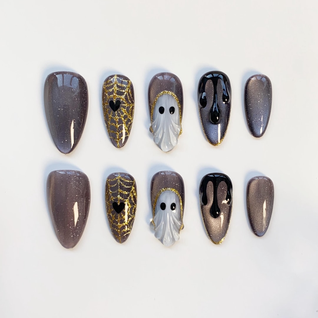 Halloween Nails/gothic Spider Web Nails/cobweb Nails/black Cat Eye Nails/little Ghost Nails/goth Press on Nails Long Almond Nails/cute Nails - Etsy UK