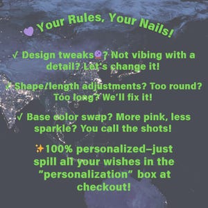 May include: A dark gray graphic with the text "Your Rules, Your Nails!" and bullet points about nail design customization, including shape, color, and personalization options. The background shows a map of the world.