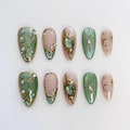 Summer Cat Eye Green Press on nails short almond nails/Glitter Nails/Sparkle Nails/Butterfly Nails/Star Nails/moon nails/3D Gold Chrome nail