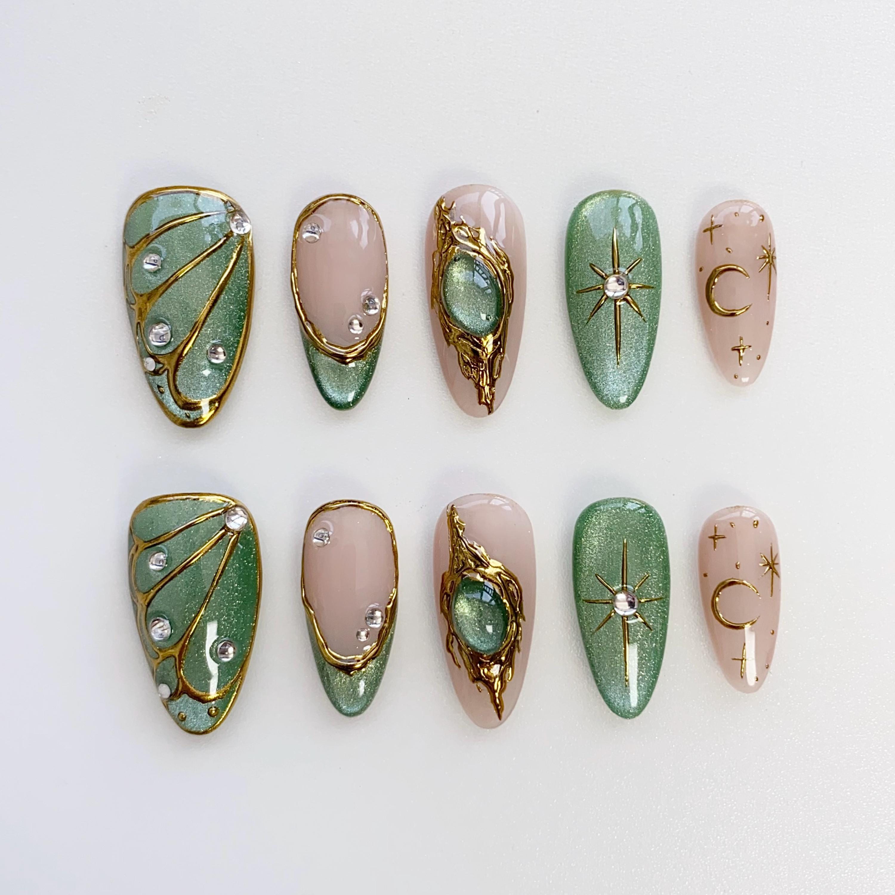 Summer Cat Eye Green Press on Nails Short Almond Nails/glitter Nails/sparkle  Nails/butterfly Nails/star Nails/moon Nails/3d Gold Chrome Nail - Etsy