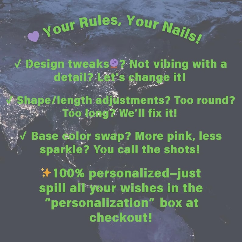 Pode incluir: Imagem com texto: "Your Rules, Your Nails!". Detalha as op&ccedil;&otilde;es de design de unhas, incluindo ajustes de design, ajustes de forma/comprimento e trocas de cores de base. Menciona 100% de personaliza&ccedil;&atilde;o e a caixa de "personaliza&ccedil;&atilde;o" no checkout.