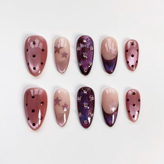 Pink Polka dot nails/Purple Cat Eye Nails/Cute Press on nails long almond nails/Bling Nails/Star nails/Custom nails/birthday holiday nails