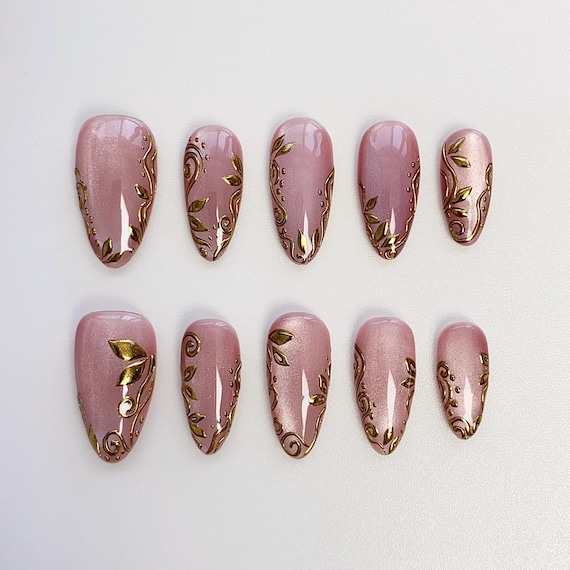 Gold Floral Pink Cat Eye Press On Nails Short Almond Nails/Bling Nails/3D Gold Chrome Nails/Wedding Nails/Glitter Nails/Birthday Nails