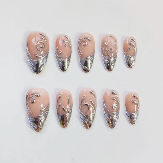 3D silver chrome nails/3D Gel press on nails long almond nails/Y2K nails/French Nails/Gothic nails/Goth nails/Birthday nail/Custom nails
