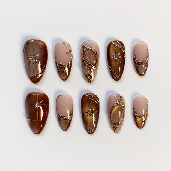 Fall Cat Eye Amber Press on nails short almond nails/Glitter Nails/Sparkle Nails/Brown Nails/Star Nails/3D Gold Chrome nail/Fall Nails