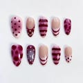 Mulberry Cute Polka Dot Nails\/Purple Nails\/Pink Press on nails long almond nails\/Kawaii Nails\/Birthday Nails\/Striped French Custom Nails