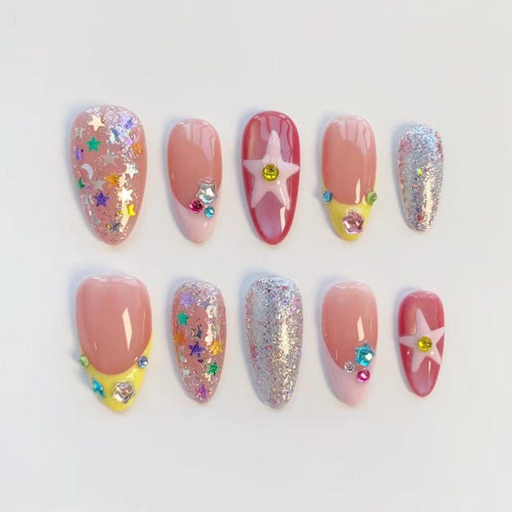 Y2K Nails/Press on nails long almond nails/Pink nails/Star Nails/Holiday nails/Summer Nails/Shiny Silver Nails/Colorful Nails/Custom Nails