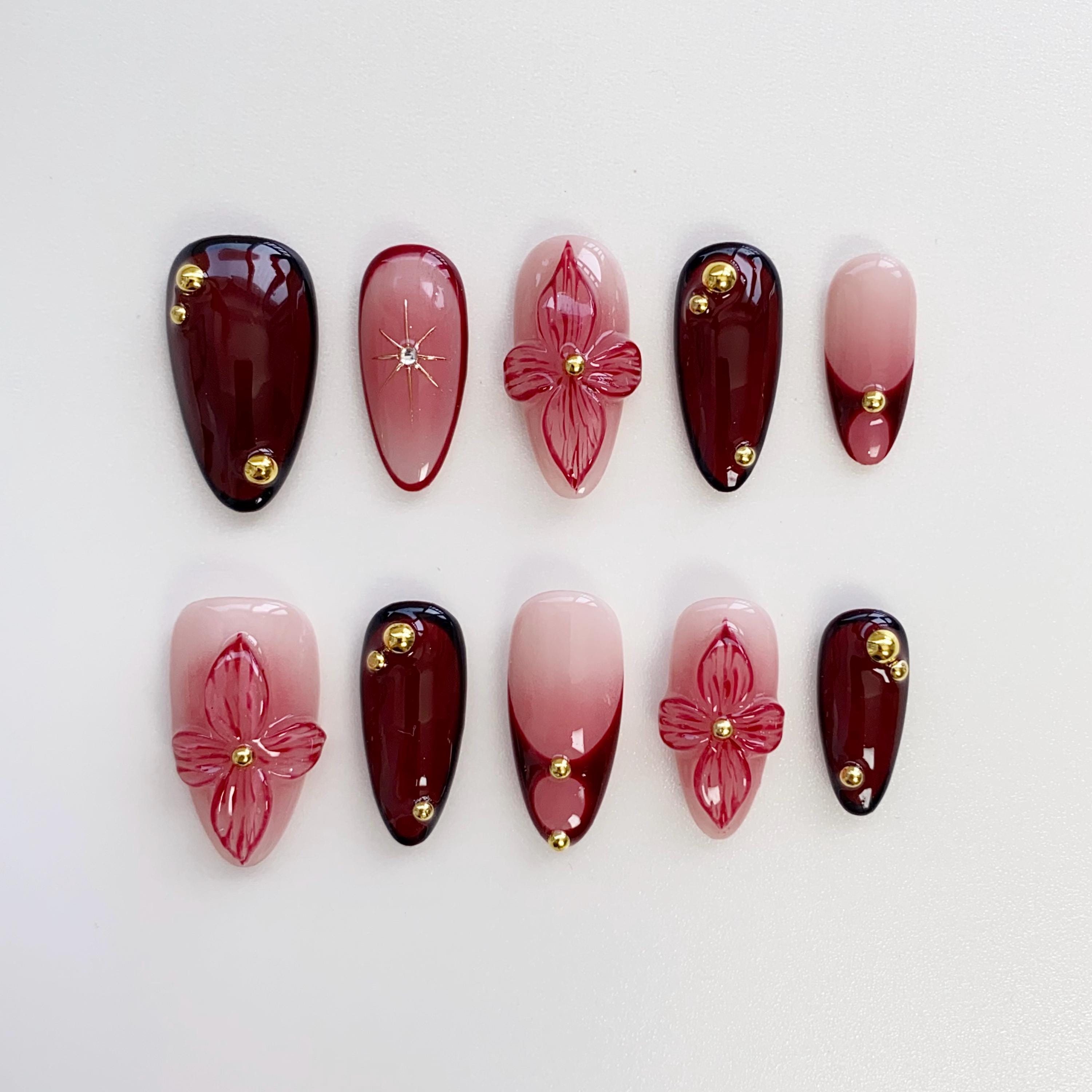 Red Bridal Nails with Floral Accents