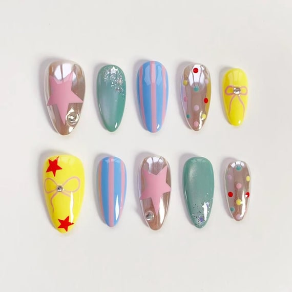 Summer Y2K Nails/Green Cat Eye Nails/Star Nails/Polka dots nails/Silver Chrome Nails/Press on nails long almond nails/Pink Nails Rainbow