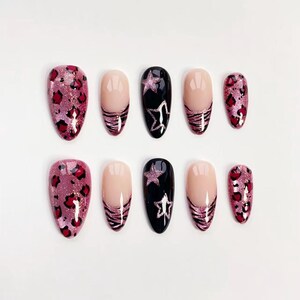 Uñas con estampado de leopardo rosa brillante Y2K / uñas postizas con uñas almendradas largas / uñas Y2K / uñas de estrella rosa / uñas negras con rayas de cebra / uñas de cumpleaños imagen 11