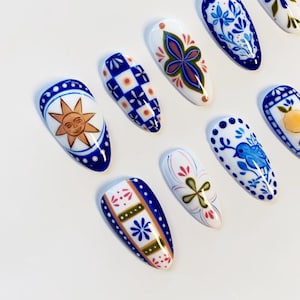 Summer Blue Flower Nails/Gothic Sun Nails/Classic Press on nails long almond nails/Blue Floral Nails/Holiday Nails/Navy blue Custom Nails image 4