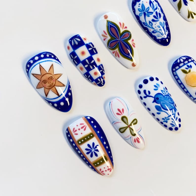 Summer Blue Flower Nails/Gothic Sun Nails/Classic Press on nails long almond nails/Blue Floral Nails/Holiday Nails/Navy blue Custom Nails image 4