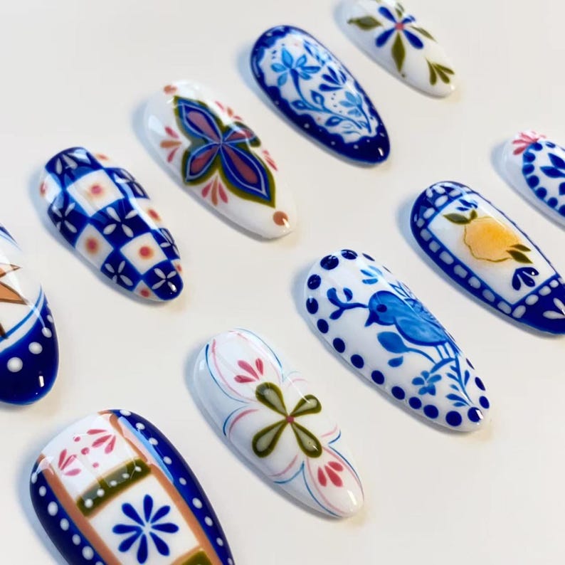Summer Blue Flower Nails/Gothic Sun Nails/Classic Press on nails long almond nails/Blue Floral Nails/Holiday Nails/Navy blue Custom Nails image 8