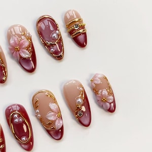 3D Pink Blooming Flower Nails/press on nails long almond nails/Elegant nails/Glitter Pink Cat Eye Nails/3D Gold chrome nails/Birthday nails image 8