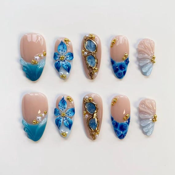 Holiday Blooming Blue Flower Nails/Blue press on nails long almond nails/Elegant nails/Blue flower nails/Summer nails/Custom nails Shell