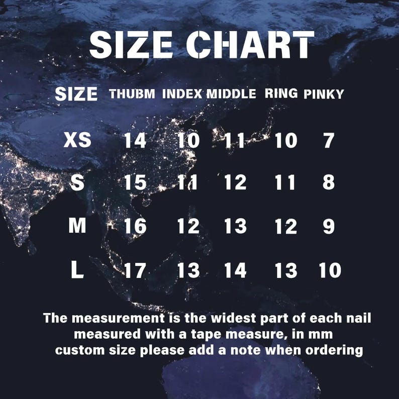 Puede incluir: Una tabla de tallas para medidas de u&ntilde;as, con tallas XS, S, M y L. La tabla enumera las medidas para el pulgar, el &iacute;ndice, el medio, el anular y el me&ntilde;ique. El texto en la parte inferior explica las medidas en mil&iacute;metros.