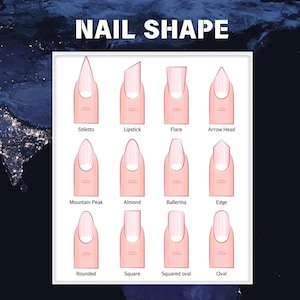 May include: An illustration titled "NAIL SHAPE" displays various nail shapes, including Stiletto, Lipstick, Flare, Arrow Head, Mountain Peak, Almond, Ballerina, Edge, Rounded, Square, Squared Oval, and Oval. Each nail is shown on a finger.