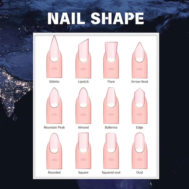 May include: An illustration titled "NAIL SHAPE" displays various nail shapes, including Stiletto, Lipstick, Flare, Arrow Head, Mountain Peak, Almond, Ballerina, Edge, Rounded, Square, Squared Oval, and Oval. Each nail is shown on a finger.
