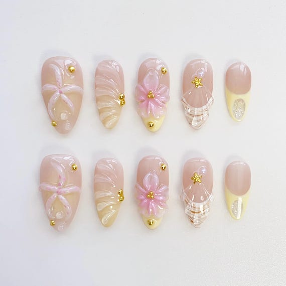 Starfish Flower Press On Nails, Elegant Almond Shell Nails