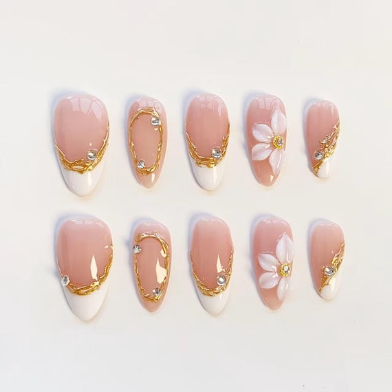 Elegance White French nails/Chic Flower press on nails long almond nails/Elegant nails/3D Gel Nails/Gold Chrome Nails/Summer Birthday nails