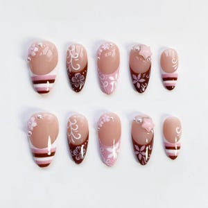 Cute Kawaii Nails/Pink Brown Striped French nails/Flower Nails/Holiday nails/Pink Press on nails Long almond nails/Y2k Nails/Holiday Nails image 10