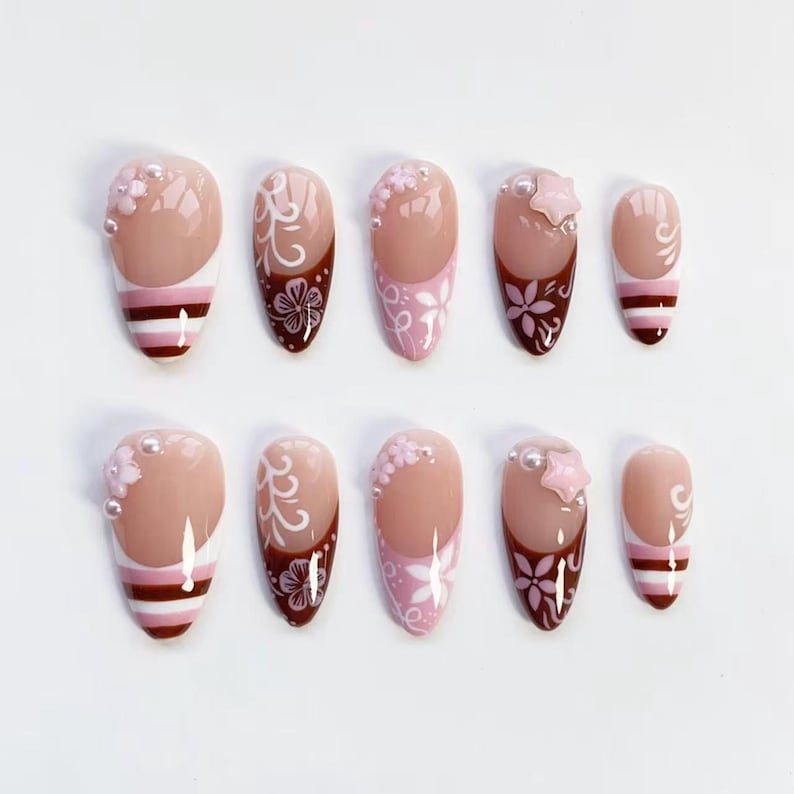 Cute Kawaii Nails/Pink Brown Striped French nails/Flower Nails/Holiday nails/Pink Press on nails Long almond nails/Y2k Nails/Holiday Nails image 10