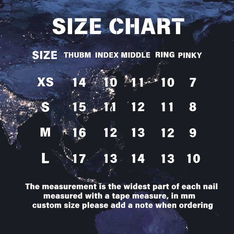 May include: A nail size chart with white text on a dark background. The chart shows sizes XS to L, with measurements in millimetres for each finger. The text at the bottom explains how to measure the nails.