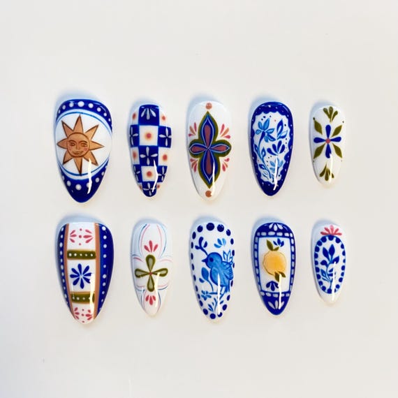 Summer Blue Flower Nails/Gothic Sun Nails/Classic Press on nails long almond nails/Blue Floral Nails/Holiday Nails/Navy blue Custom Nails
